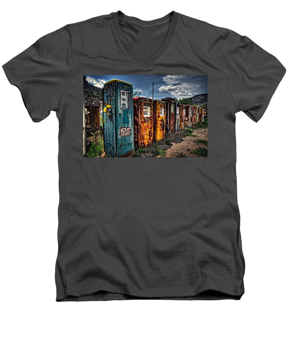 Vintage Gas Pumps Men's V-Neck T-Shirt featuring the photograph Gasoline Alley by Ken Smith