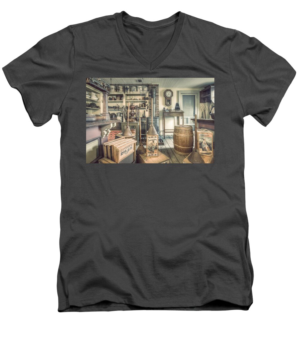 General Store Men's V-Neck T-Shirt featuring the photograph General Store - 19th Century Seaport Village by Gary Heller