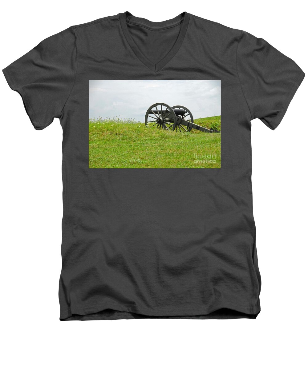 Gettysburg Men's V-Neck T-Shirt featuring the photograph Gettysburg Canon by Cindy Manero
