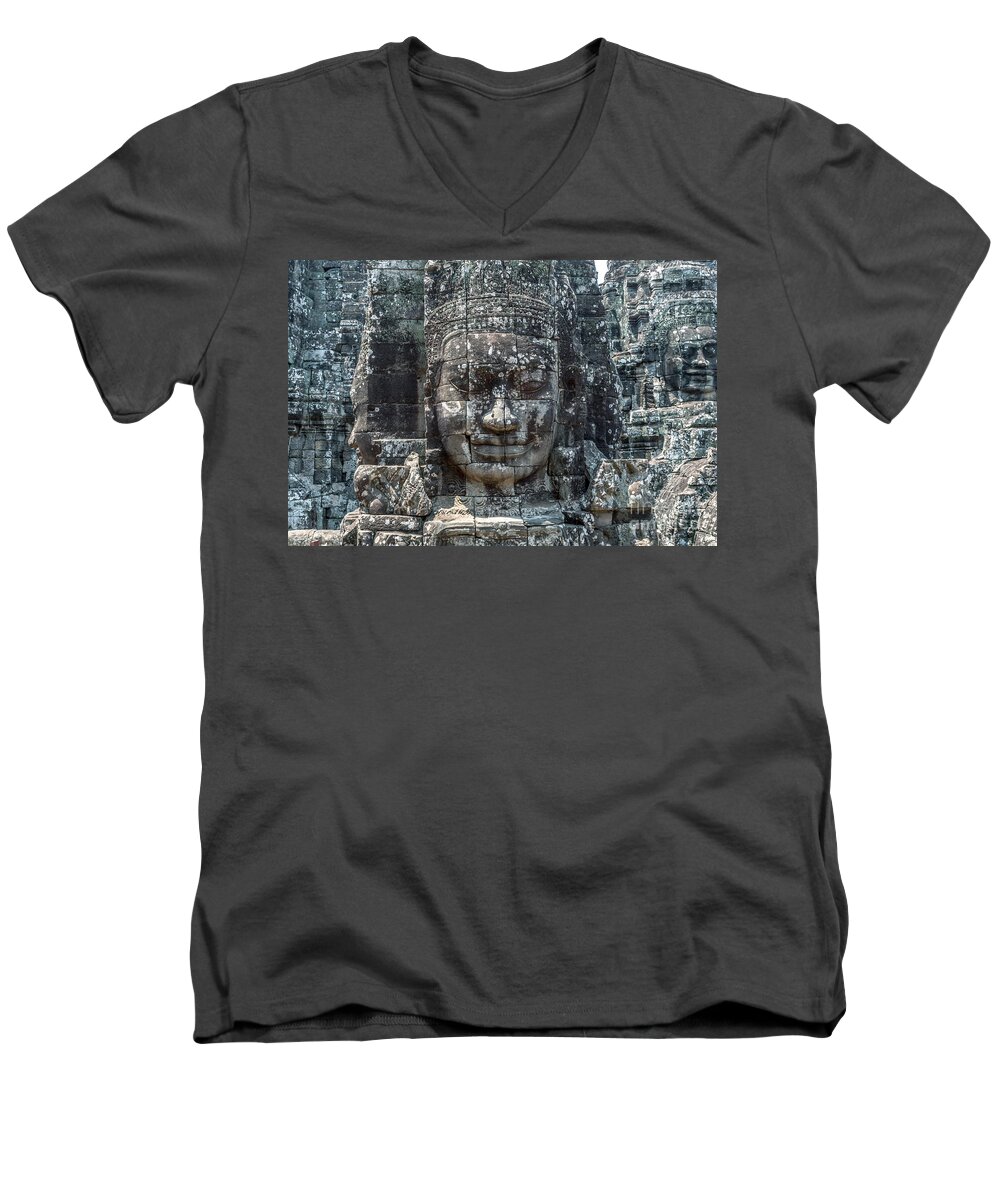 Buddha Men's V-Neck T-Shirt featuring the photograph Giant Buddha face inside Bayon temple - Angkor Wat - Cambodia by Matteo Colombo