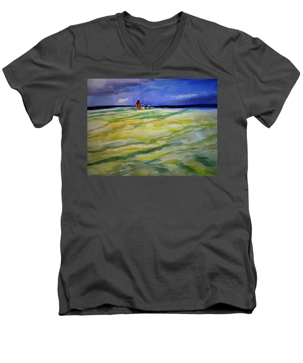 Beach Watercolors Men's V-Neck T-Shirt featuring the painting Girl with dog on the beach by Julianne Felton