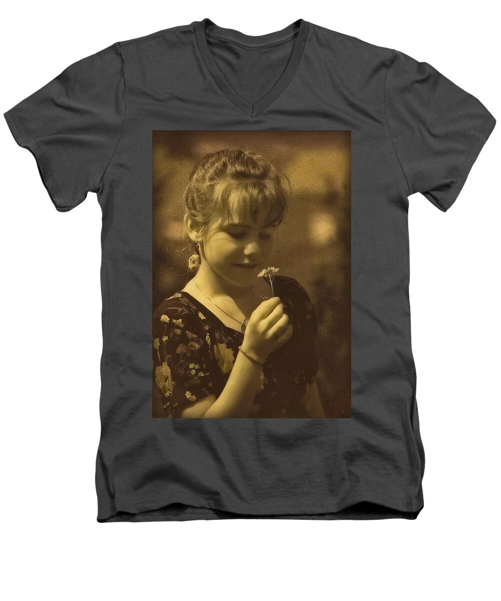 Girl Men's V-Neck T-Shirt featuring the photograph Girl with Flower by Hanny Heim