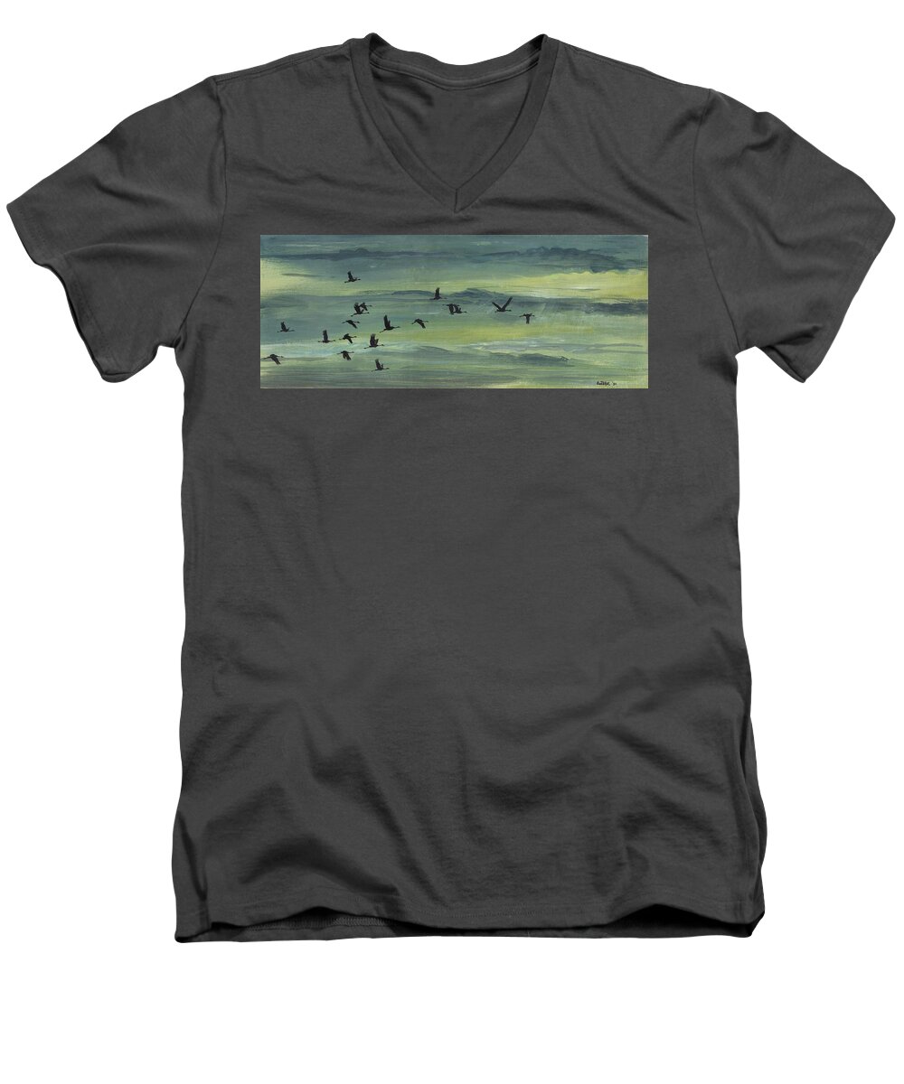 Cranes Men's V-Neck T-Shirt featuring the painting Going Home by Arie Van der Wijst