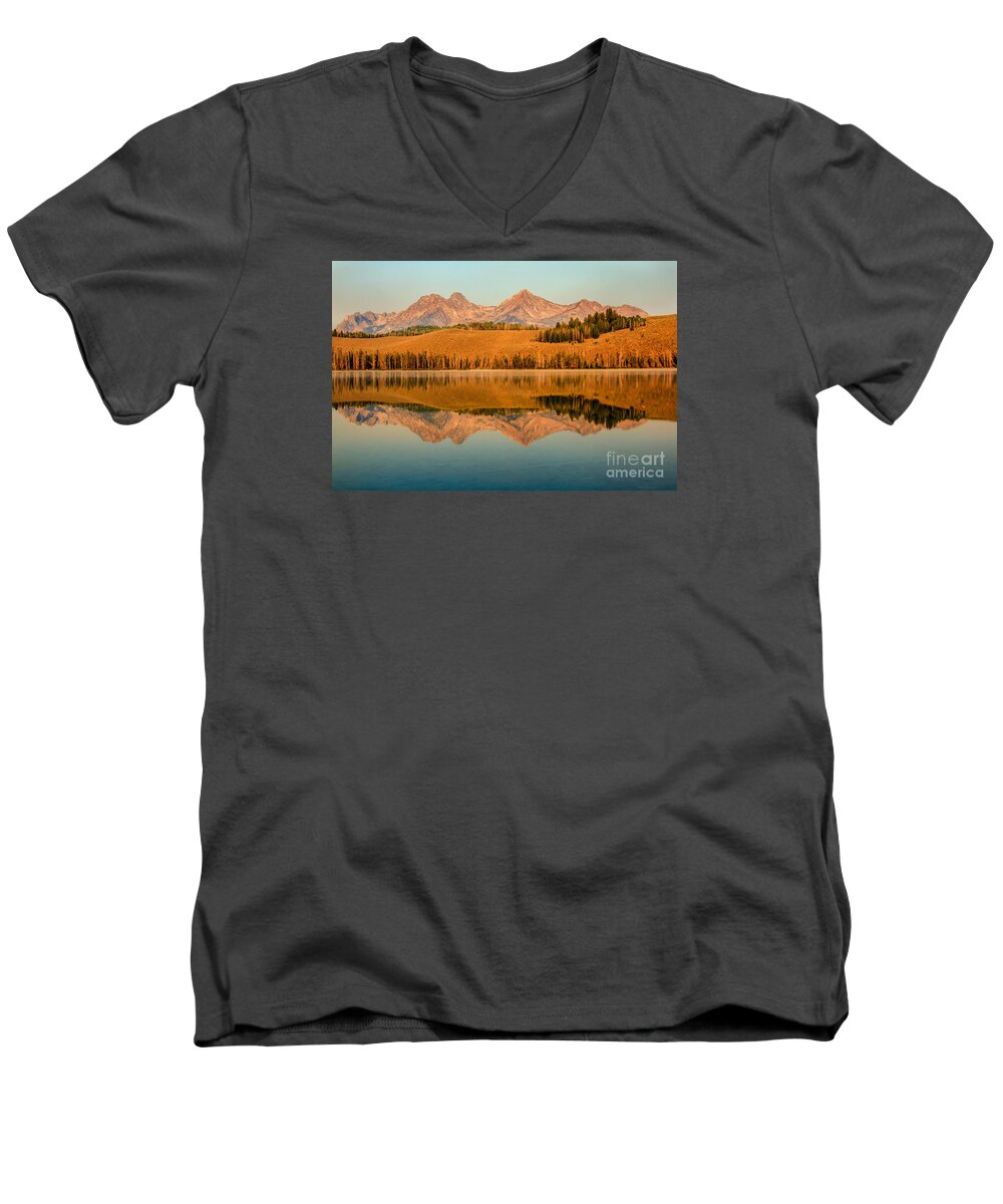 Rocky Mountains Men's V-Neck T-Shirt featuring the photograph Golden Mountains Reflection by Robert Bales
