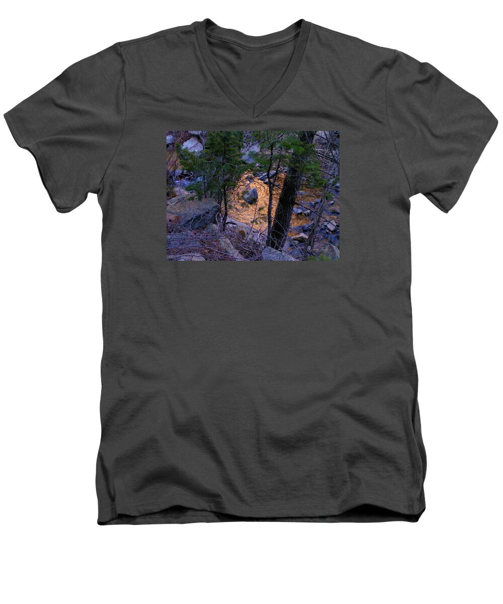 Golden Pond Creek Nature Reflection Sunset Colorado Rocky Mountains Water Men's V-Neck T-Shirt featuring the photograph Golden pond by George Tuffy