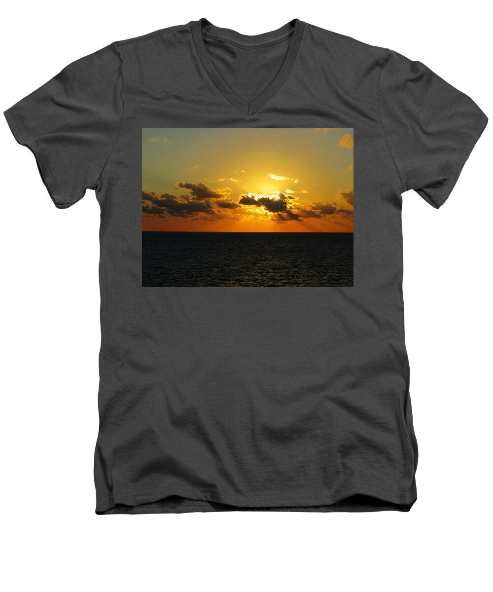Coco Cay Men's V-Neck T-Shirt featuring the photograph Golden Rays Sunset by Jennifer Wheatley Wolf