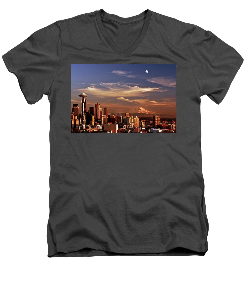 Seattle Men's V-Neck T-Shirt featuring the photograph Golden Seattle by Darren White