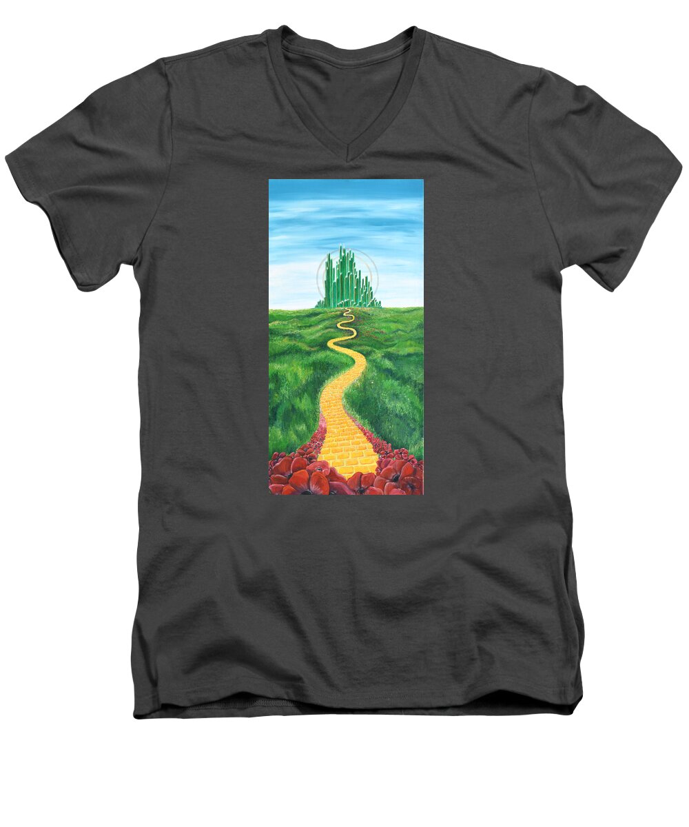 Yellow Men's V-Neck T-Shirt featuring the painting Goodbye Yellow Brick Road by Meganne Peck
