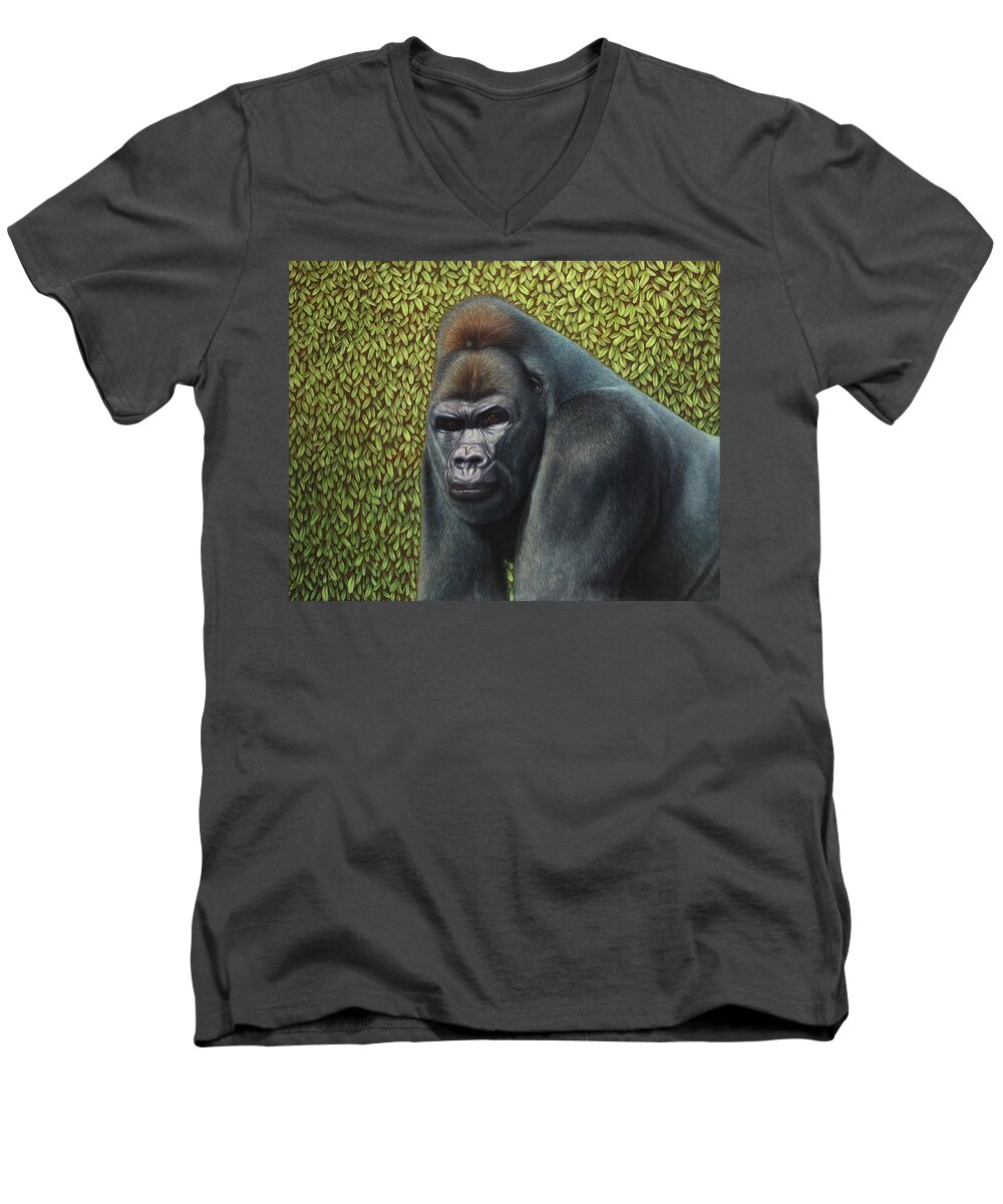 Gorilla Men's V-Neck T-Shirt featuring the painting Gorilla with a Hedge by James W Johnson