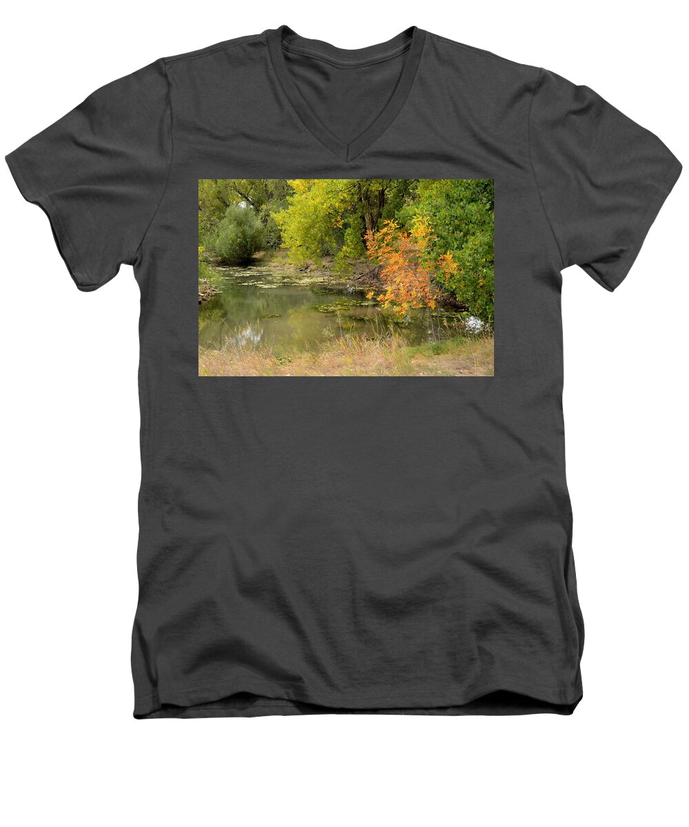 Dakota Men's V-Neck T-Shirt featuring the photograph Green Ash in Autumn Foliage by Greni Graph