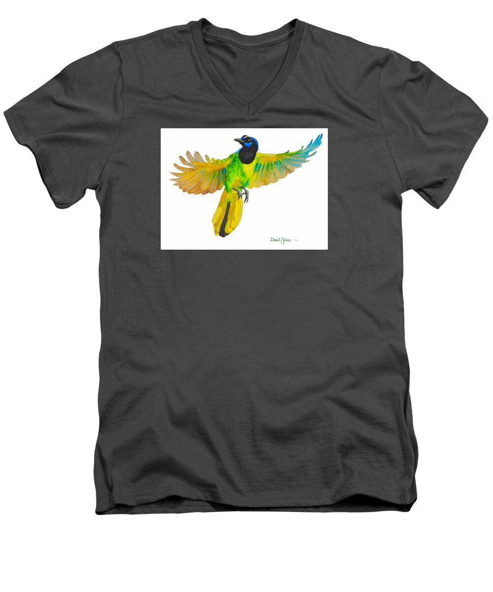 Bird Men's V-Neck T-Shirt featuring the painting Green Jay by Daniel Adams