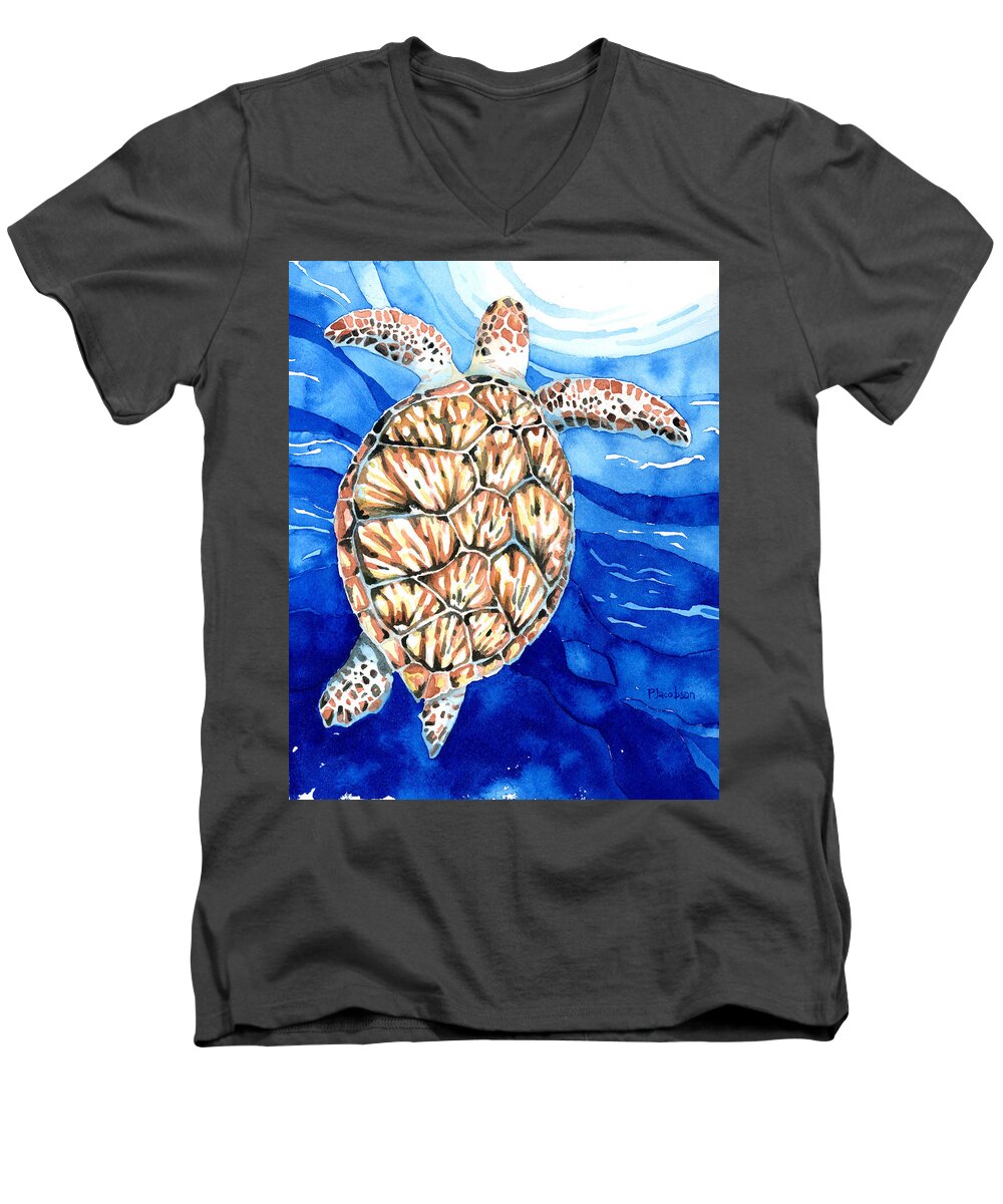 Sea Turtle Men's V-Neck T-Shirt featuring the painting Green Sea Turtle Surfacing by Pauline Walsh Jacobson