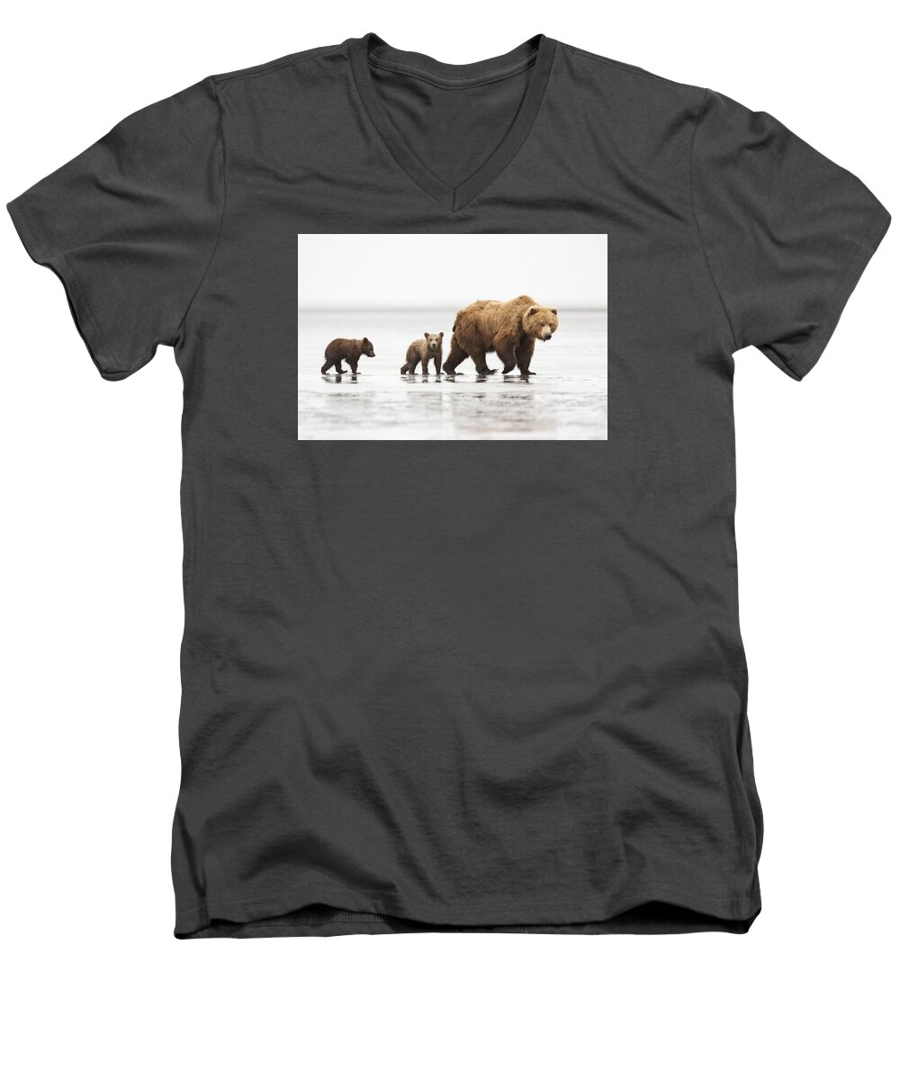 Richard Garvey-williams Men's V-Neck T-Shirt featuring the photograph Grizzly Bear Mother And Cubs Lake Clark by Richard Garvey-Williams