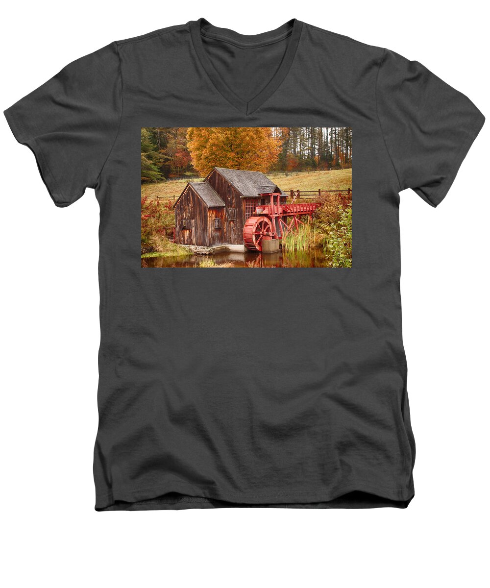 New England Mill Men's V-Neck T-Shirt featuring the photograph Guildhall grist mill by Jeff Folger
