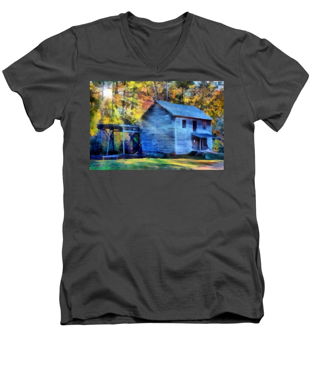Hagood Men's V-Neck T-Shirt featuring the painting Hagood Mill with Sunrays by Lynne Jenkins