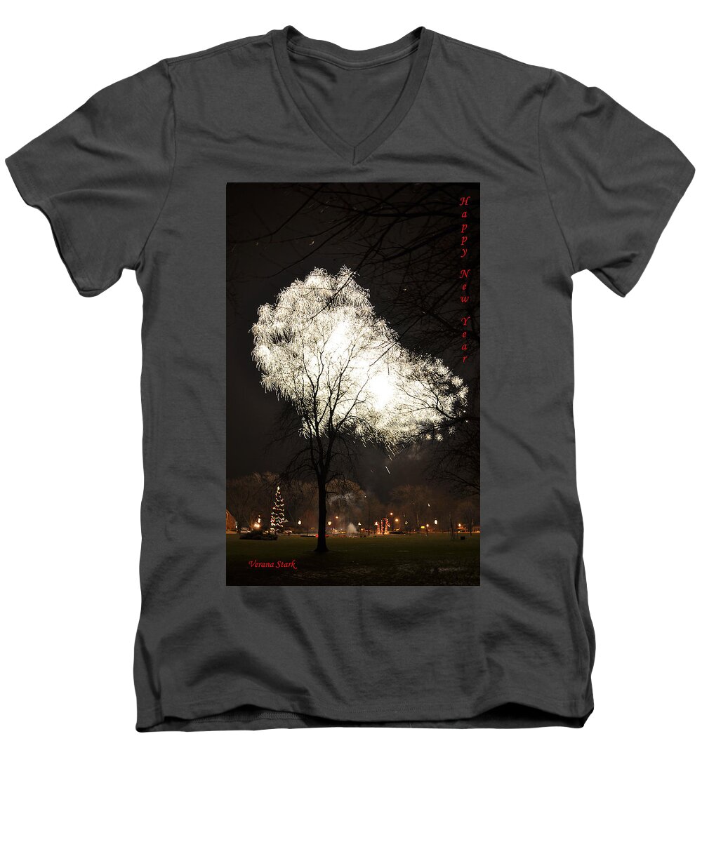 Fireworks Men's V-Neck T-Shirt featuring the photograph Happy New Year 2 by Verana Stark