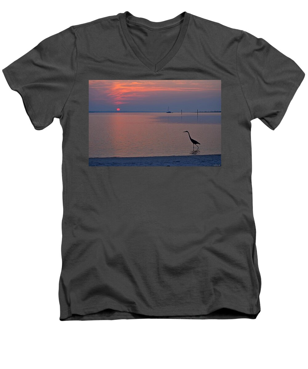 Harry The Heron Men's V-Neck T-Shirt featuring the photograph Harry the Heron Fishing on Santa Rosa Sound at Sunrise by Jeff at JSJ Photography