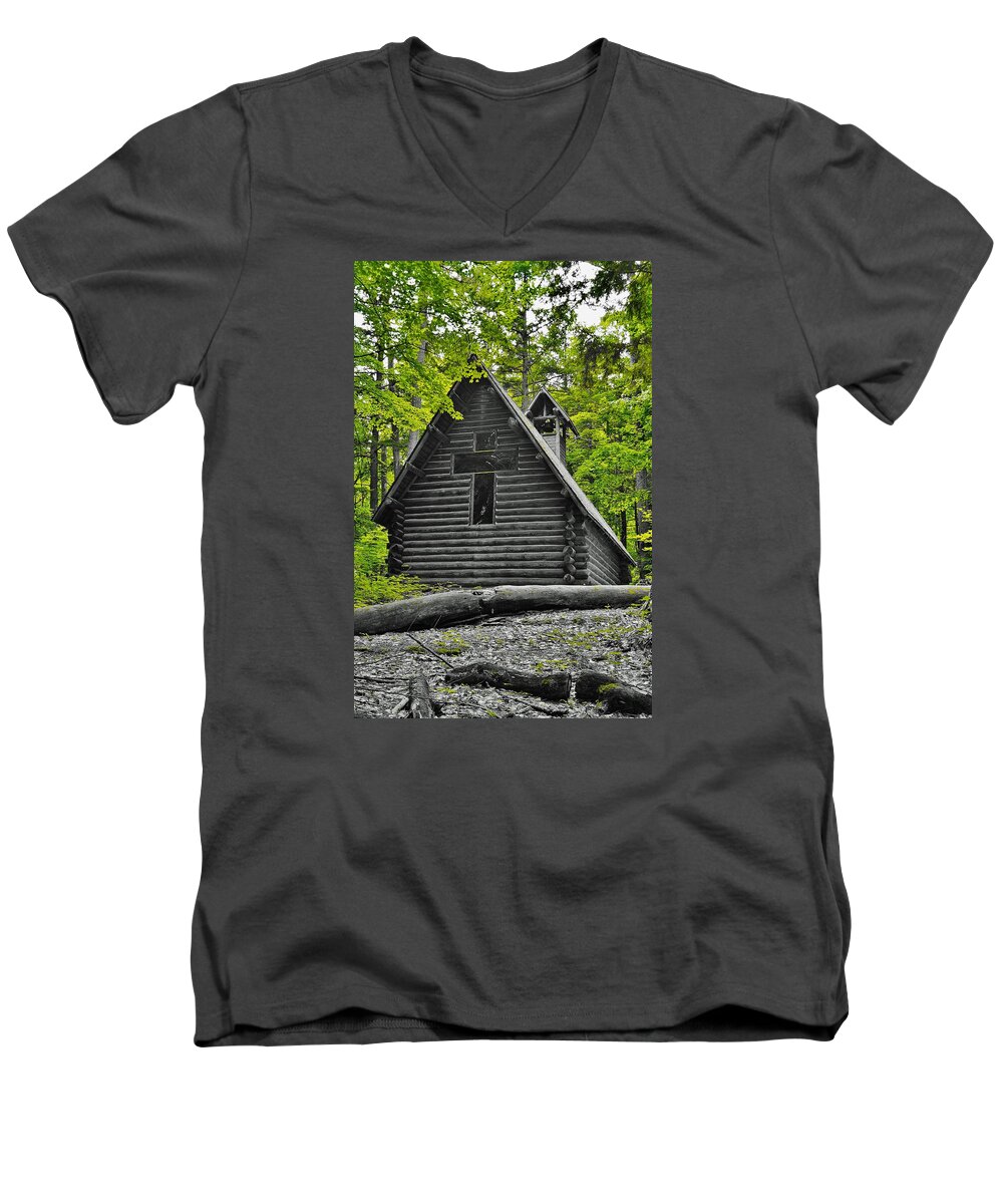  Men's V-Neck T-Shirt featuring the photograph Hartwick Pines Chapel BWG by Daniel Thompson