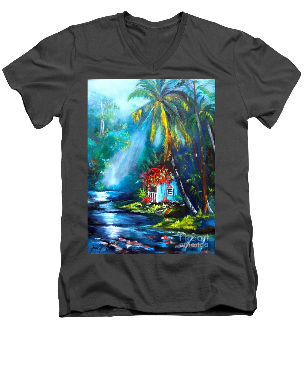 Hawaii Men's V-Neck T-Shirt featuring the painting Hawaiian Hut in the Mist by Jenny Lee