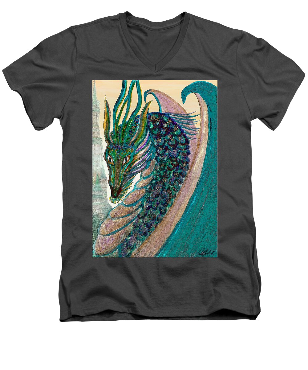 Dragon Men's V-Neck T-Shirt featuring the painting Healing Dragon by Michele Avanti