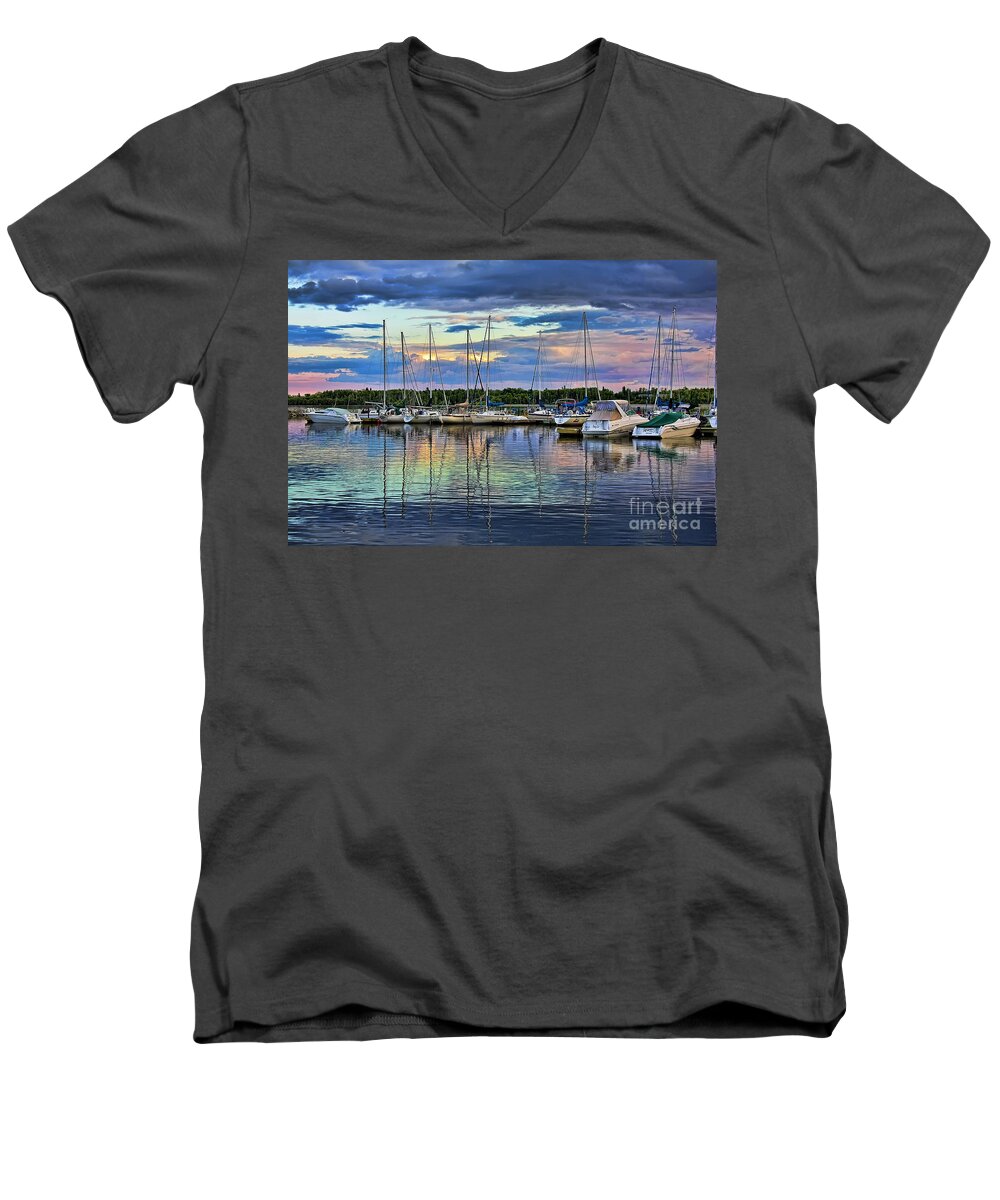 Boats Men's V-Neck T-Shirt featuring the photograph Hecla Island Boats by Teresa Zieba
