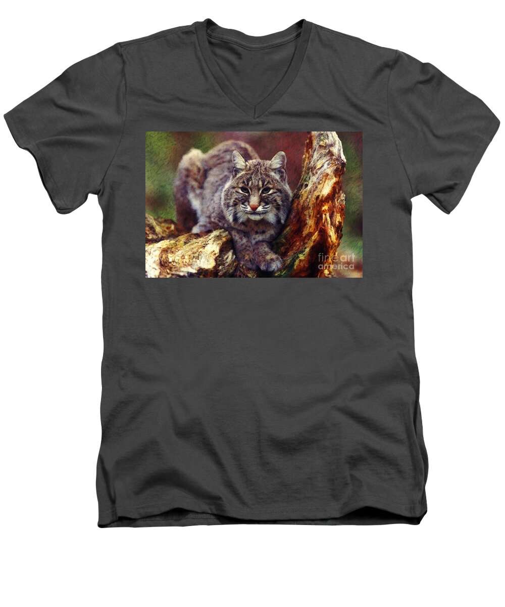  Men's V-Neck T-Shirt featuring the digital art Here Kitty Kitty by Lianne Schneider
