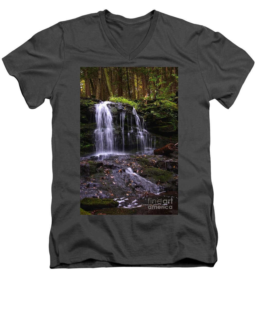 Waterfall Men's V-Neck T-Shirt featuring the photograph Hidden Waterfalls of Wayne County I by Debra Fedchin