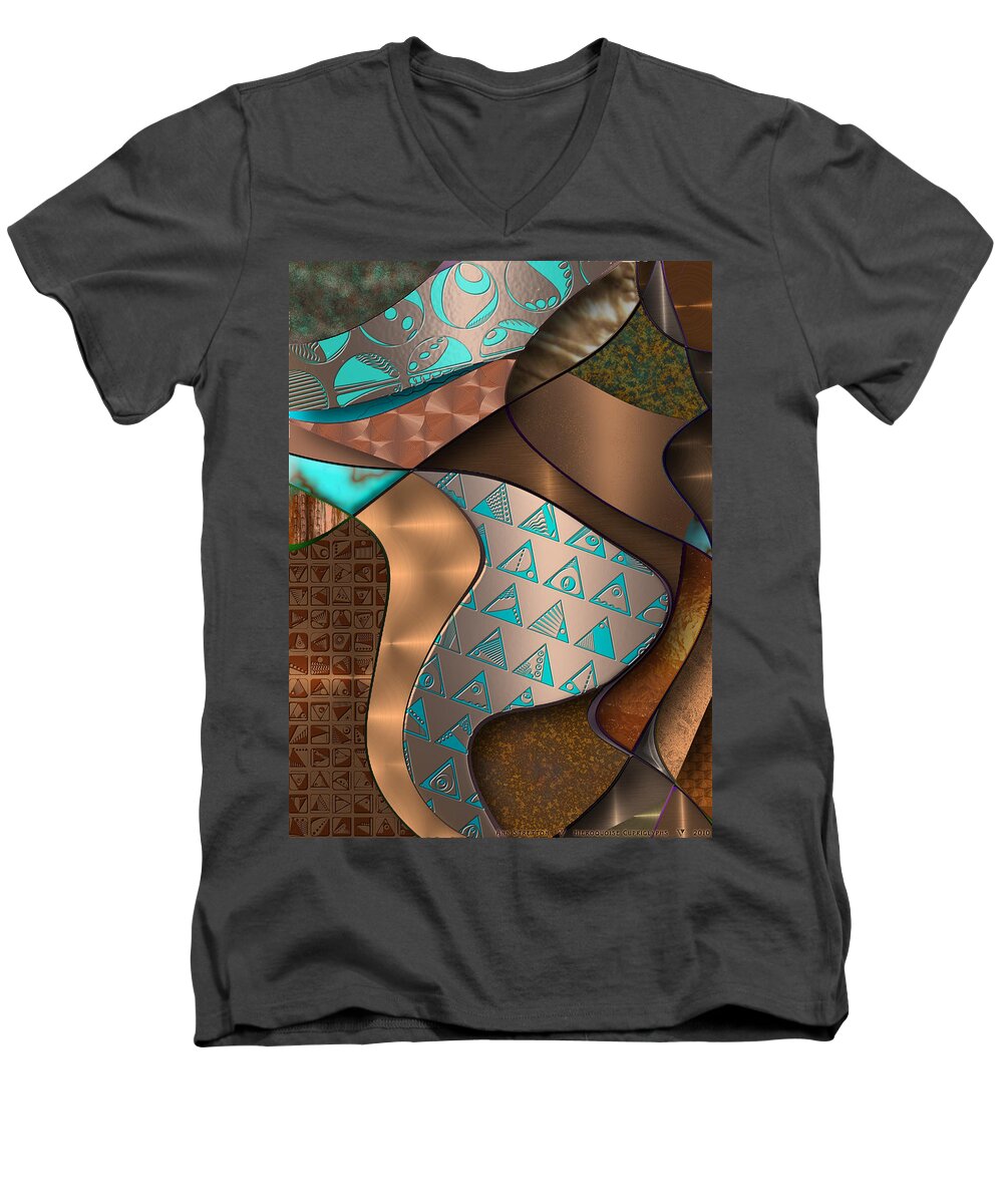 Turquoise Men's V-Neck T-Shirt featuring the digital art Hieroquoise Cupriglyphs by Ann Stretton