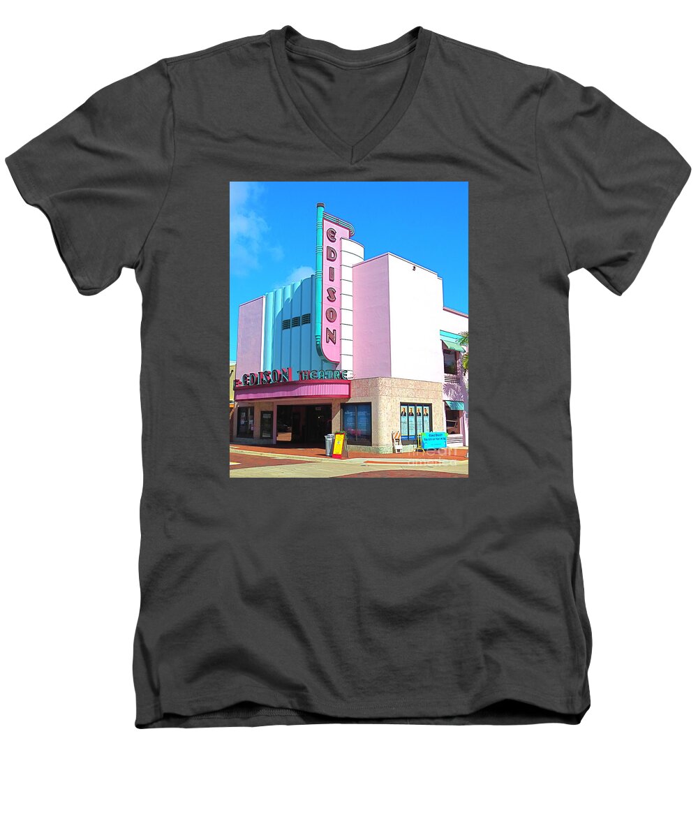 Historic Edison Movie Theater In Downtown Ft. Myers. Florida. Deco Style. Men's V-Neck T-Shirt featuring the photograph DECO Historic Edison Theater. Ft. Myers. Florida. by Robert Birkenes