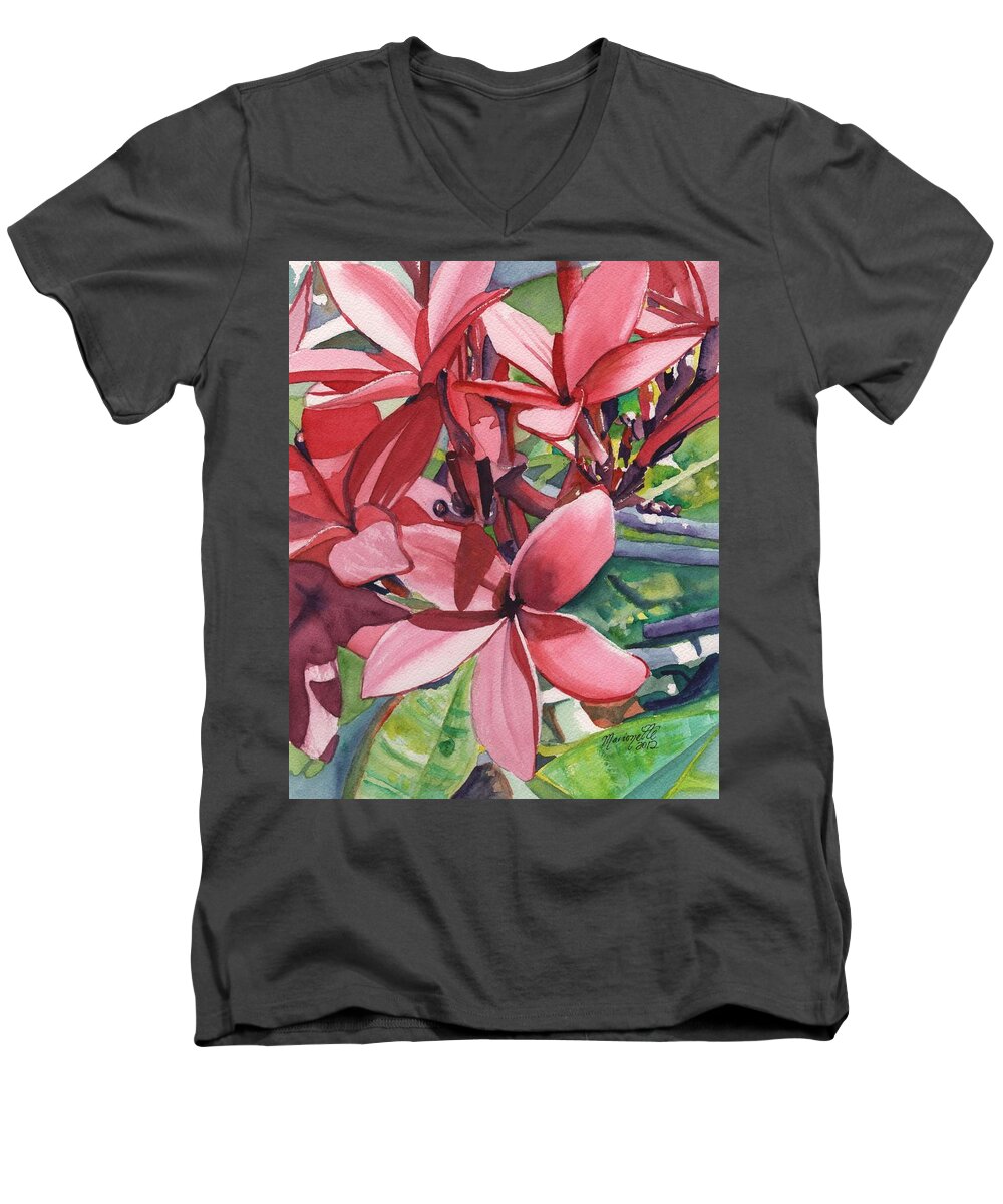 Pink Plumeria Men's V-Neck T-Shirt featuring the painting Hot Pink Plumeria by Marionette Taboniar