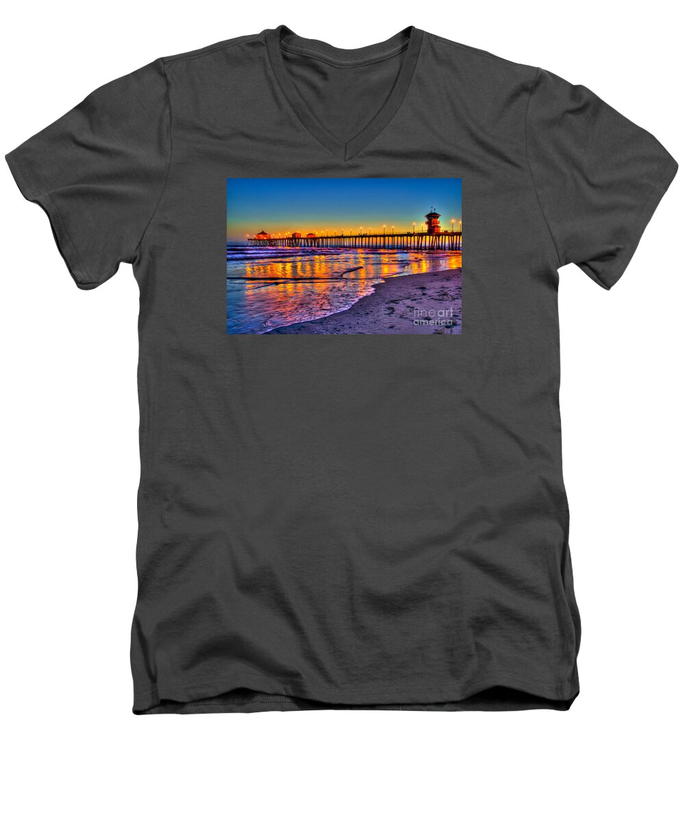 Huntington Beach Men's V-Neck T-Shirt featuring the photograph Huntington Beach Pier Sundown by Jim Carrell