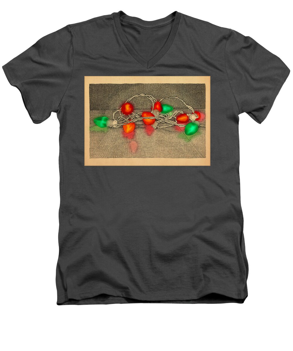 Lights Red Green Holiday Christmas Men's V-Neck T-Shirt featuring the drawing Illumination Variation #4 by Meg Shearer