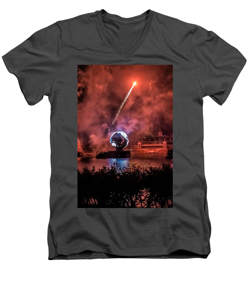 Epcot Men's V-Neck T-Shirt featuring the photograph Illuminations by Sara Frank