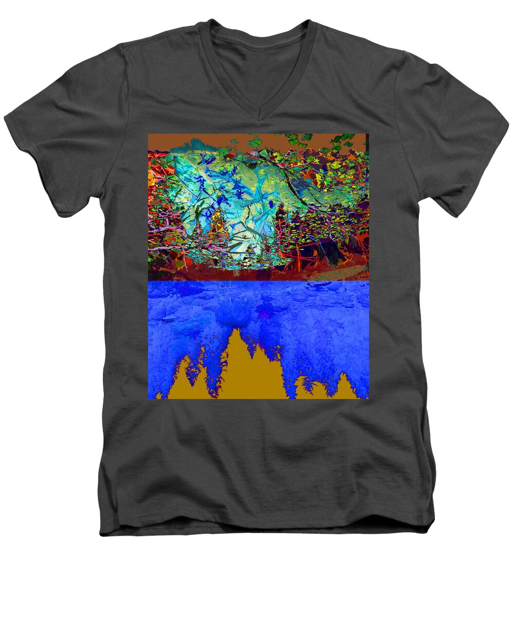 Forest Men's V-Neck T-Shirt featuring the photograph Illusion of Lake and Forest by Jeff Burgess