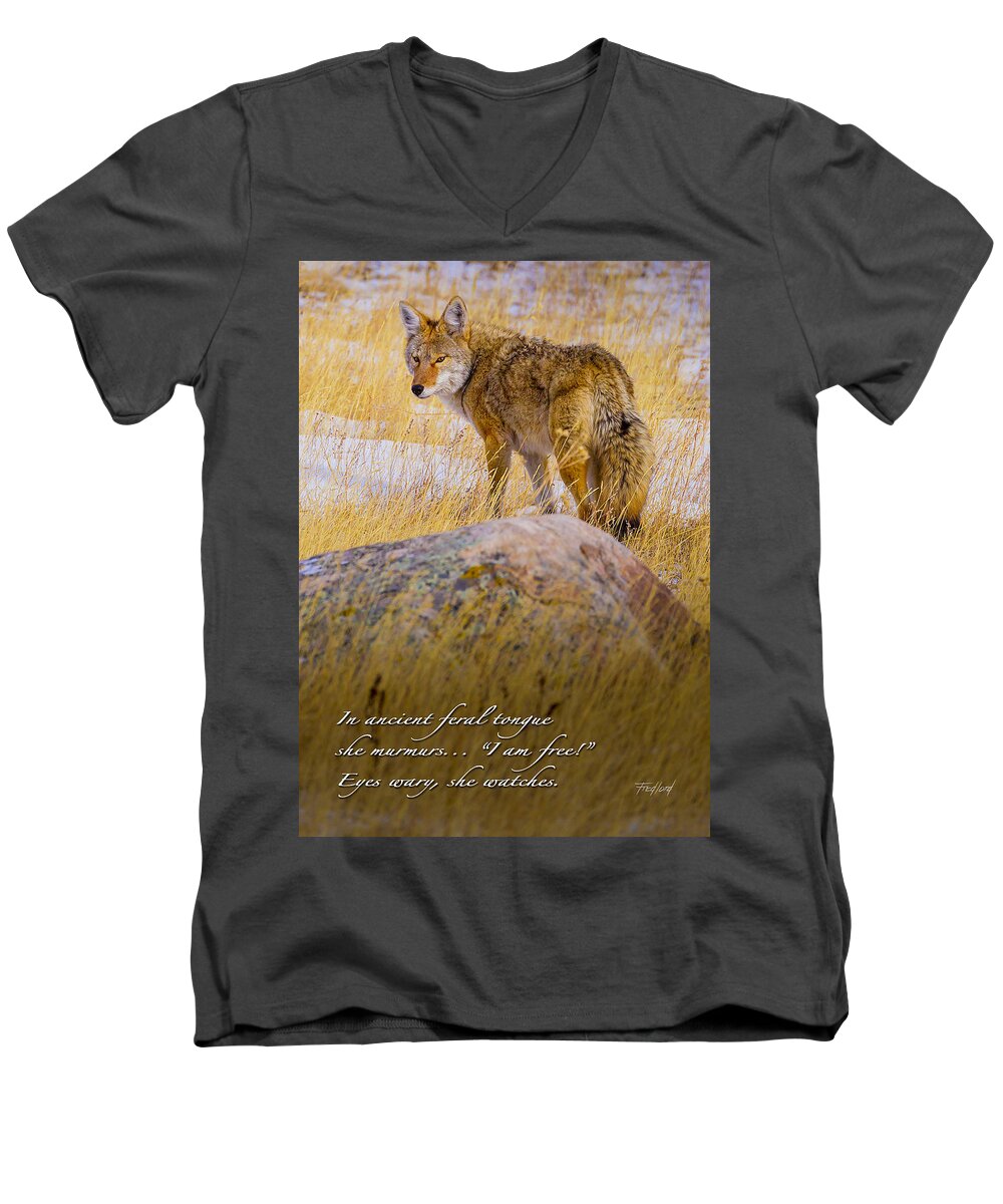 Coyote Men's V-Neck T-Shirt featuring the photograph In Ancient Feral Tongue by Fred J Lord