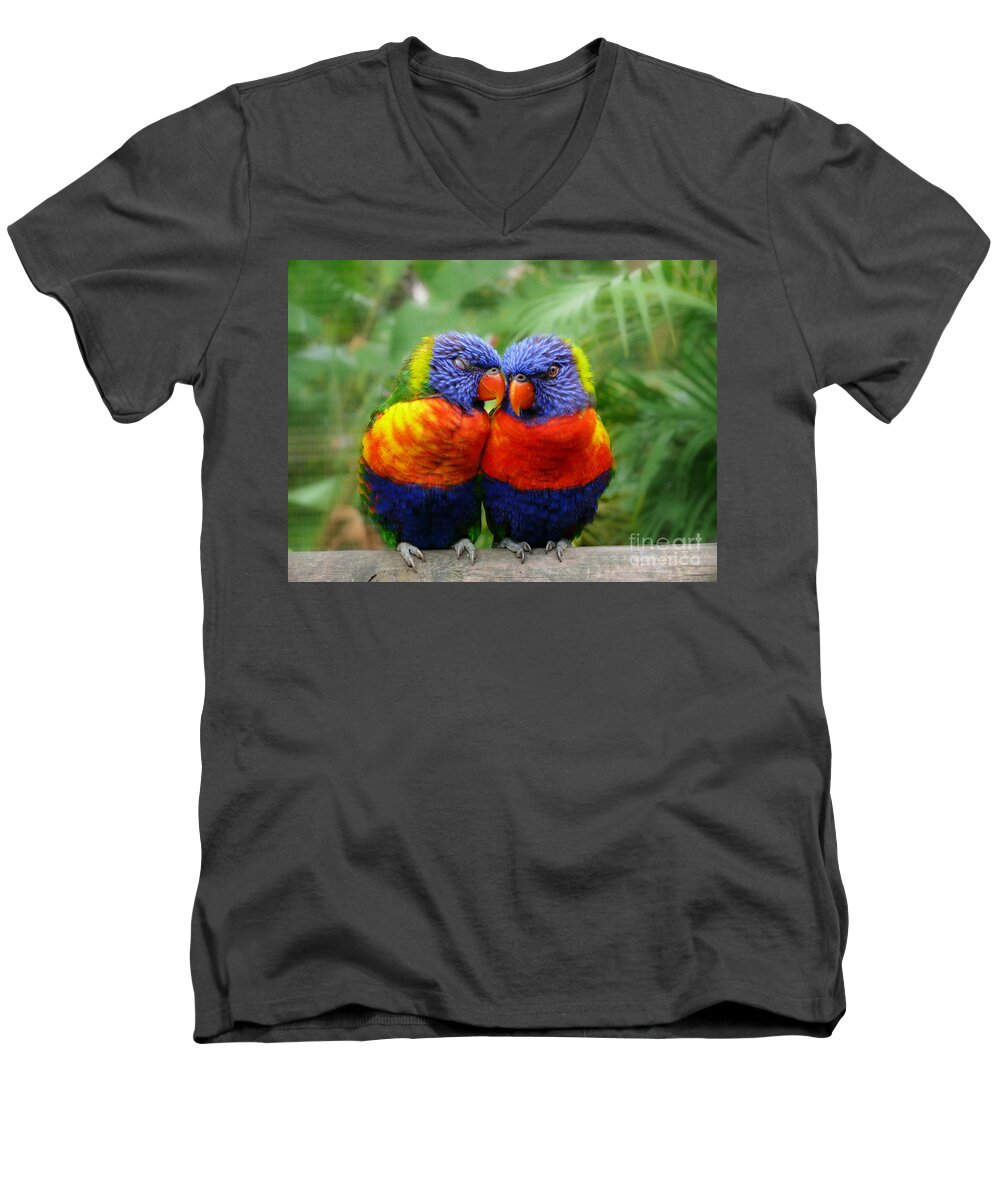 Parrots Men's V-Neck T-Shirt featuring the photograph In Love Lorikeets by Peggy Franz