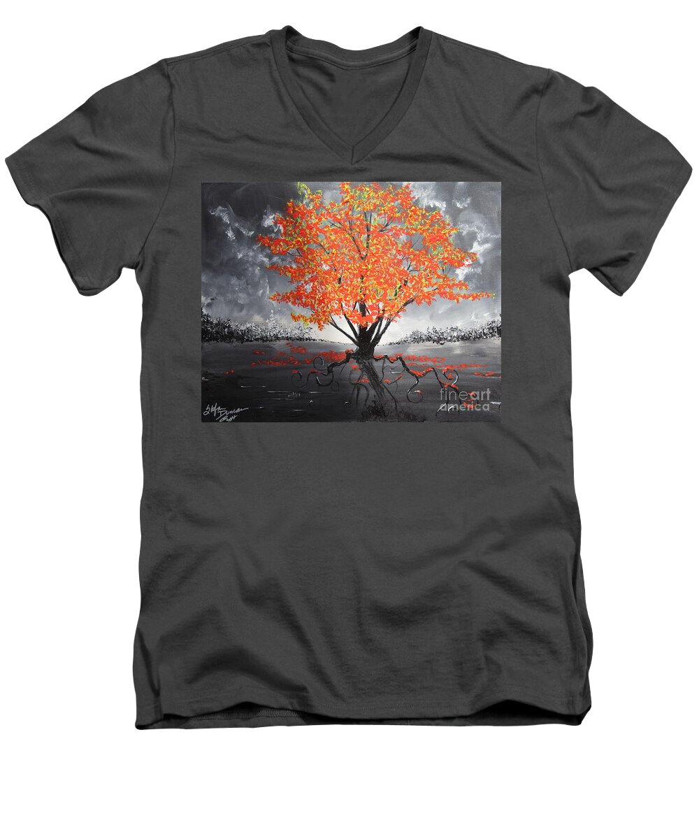Red Tree Men's V-Neck T-Shirt featuring the painting Blaze In The Twilight #1 by Stefan Duncan