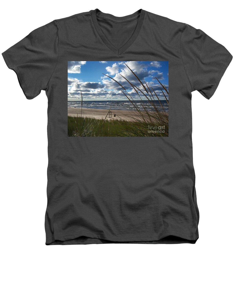 Beach Men's V-Neck T-Shirt featuring the photograph Indiana Dunes' Lake Michigan by Pamela Clements