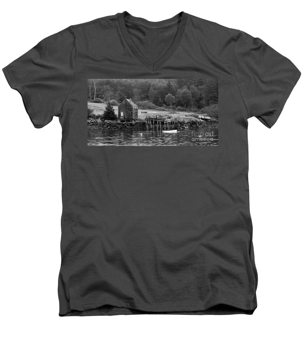 Shore Men's V-Neck T-Shirt featuring the photograph Island Shoreline in black and white by Glenn Gordon
