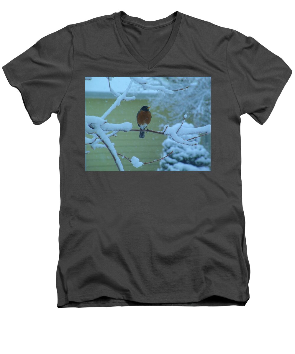 Snow Men's V-Neck T-Shirt featuring the photograph Isn't it spring yet? by Jessica Myscofski