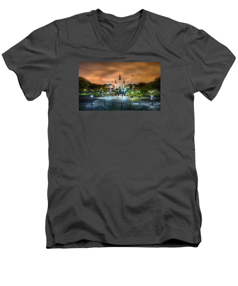 Nola Men's V-Neck T-Shirt featuring the photograph Jackson Square at Night by Tim Stanley