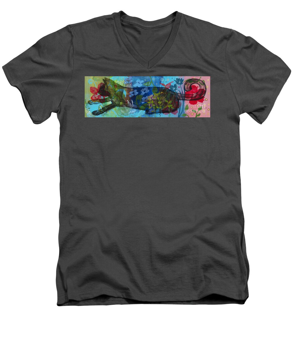 Cat Men's V-Neck T-Shirt featuring the painting Jardine Cat by Robin Pedrero