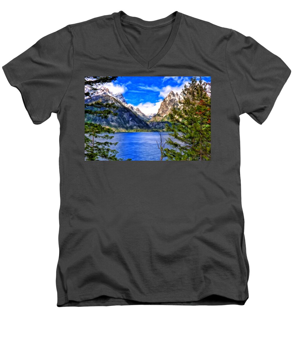 Grand Tetons Men's V-Neck T-Shirt featuring the painting Jenny Lake by Michael Pickett