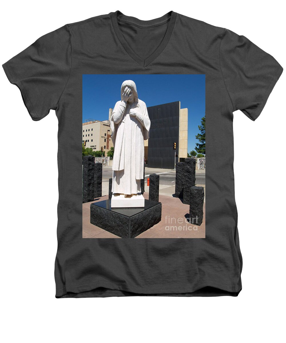 Oklahoma City Statue Men's V-Neck T-Shirt featuring the painting Jesus Wept by Robin Pedrero