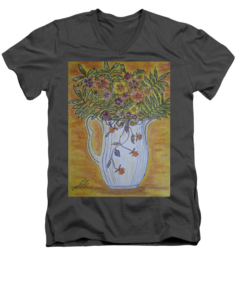 Jewel Tea Men's V-Neck T-Shirt featuring the painting Jewel Tea Pitcher with Marigolds by Kathy Marrs Chandler