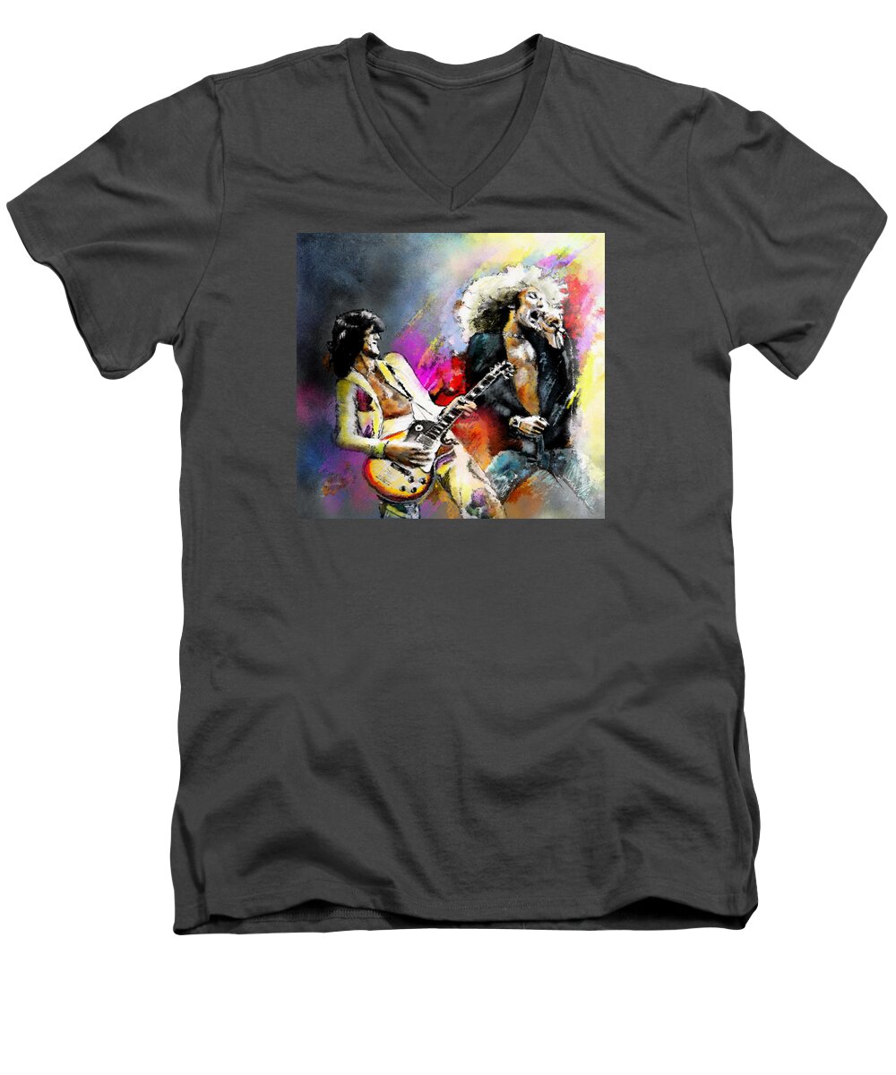 Musicians Men's V-Neck T-Shirt featuring the painting Jimmy Page and Robert Plant Led Zeppelin by Miki De Goodaboom