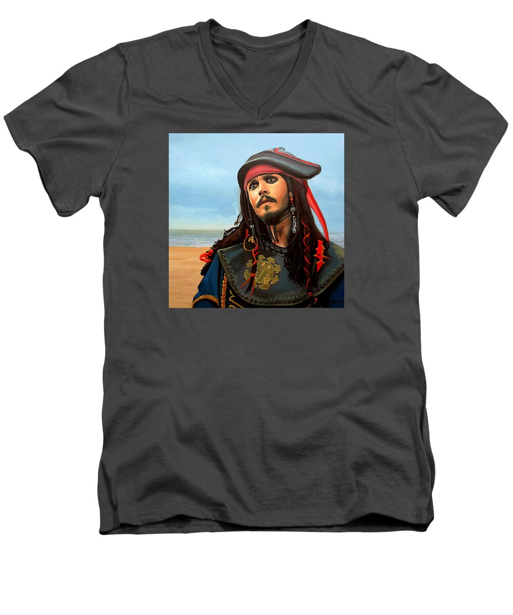 Johnny Depp Men's V-Neck T-Shirt featuring the painting Johnny Depp as Jack Sparrow by Paul Meijering