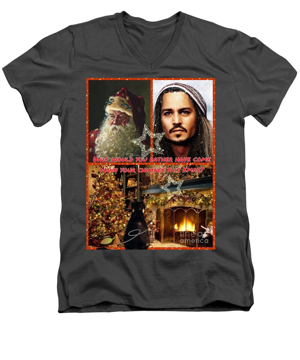 Johnny Depp Men's V-Neck T-Shirt featuring the photograph Johnny Depp Xmas Greeting by Joan-Violet Stretch