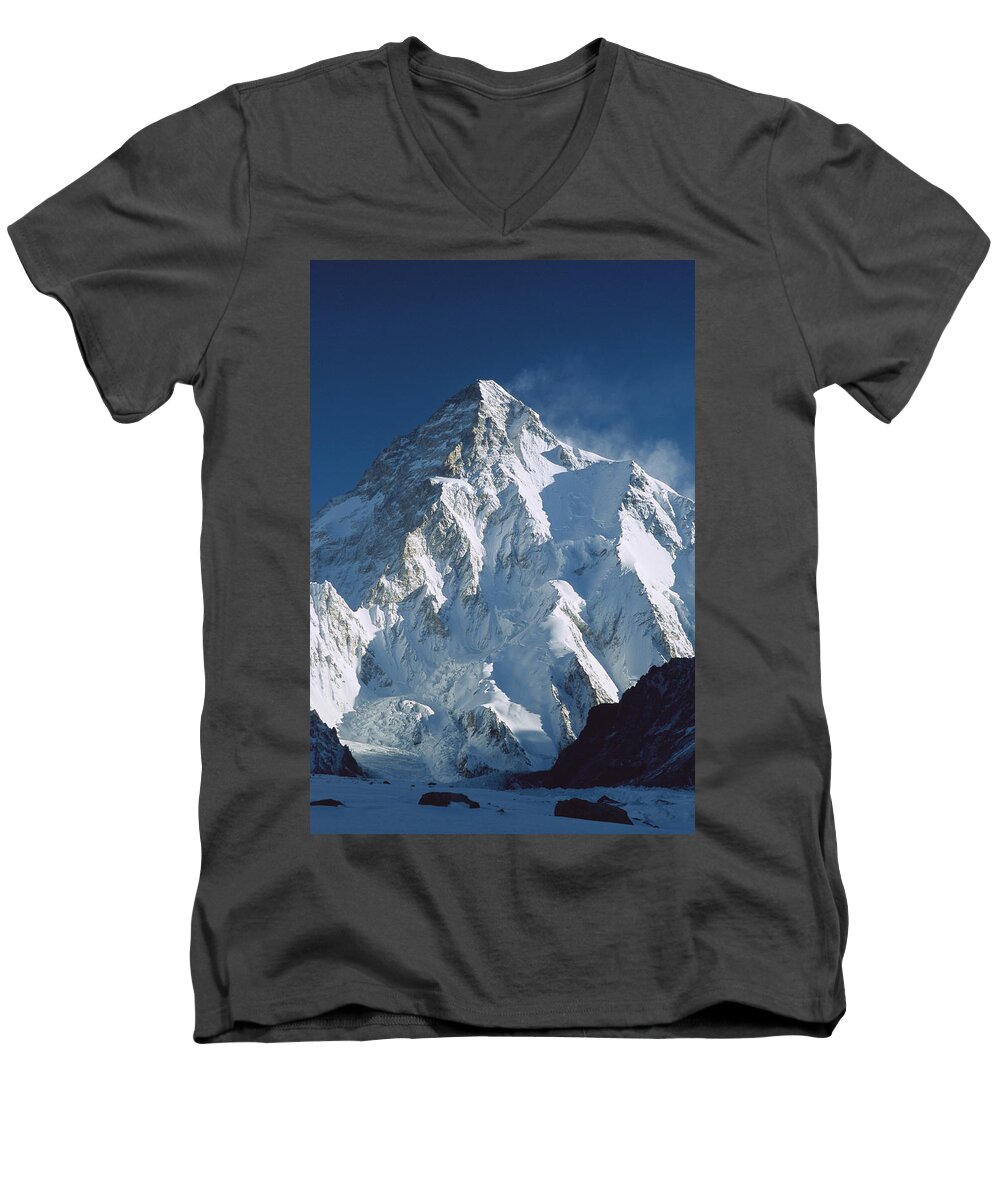 Feb0514 Men's V-Neck T-Shirt featuring the photograph K2 At Dawn Pakistan by Colin Monteath