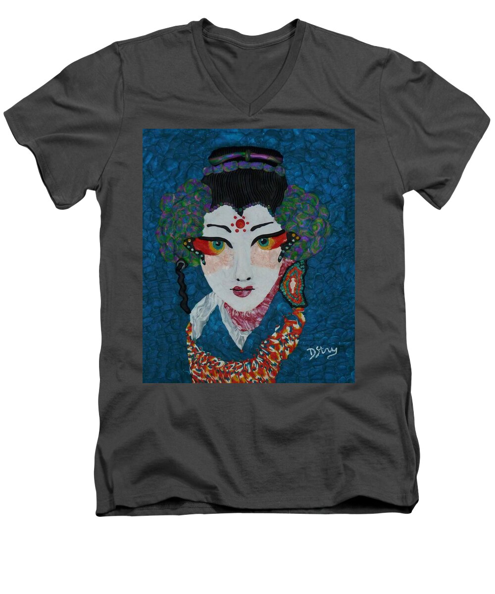 Kabuki Men's V-Neck T-Shirt featuring the mixed media Kabuki by Deborah Stanley